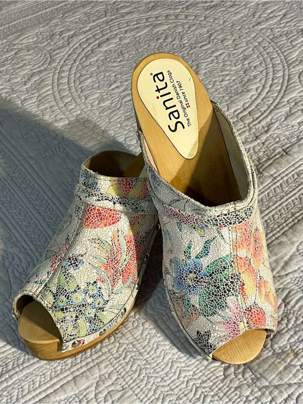 Sanita White Floral Peep-Toe Wood Clog